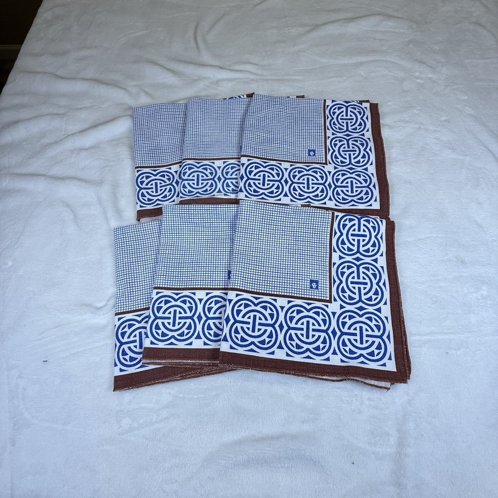 Vintage Anne Klein Cotton Scarf Handkerchief Lot Lion Logo Blue Brown Geometric